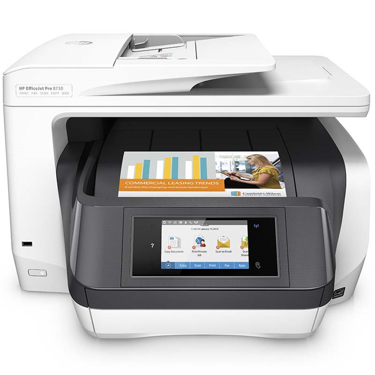 【惠普】多功能一体机 HP OfficeJet Pro 8730 All-in-One  四合一，A4幅面，打印颜色：彩色，打印速度：36ppm，自动双面，有线网口，无线网络，一年上门保修
